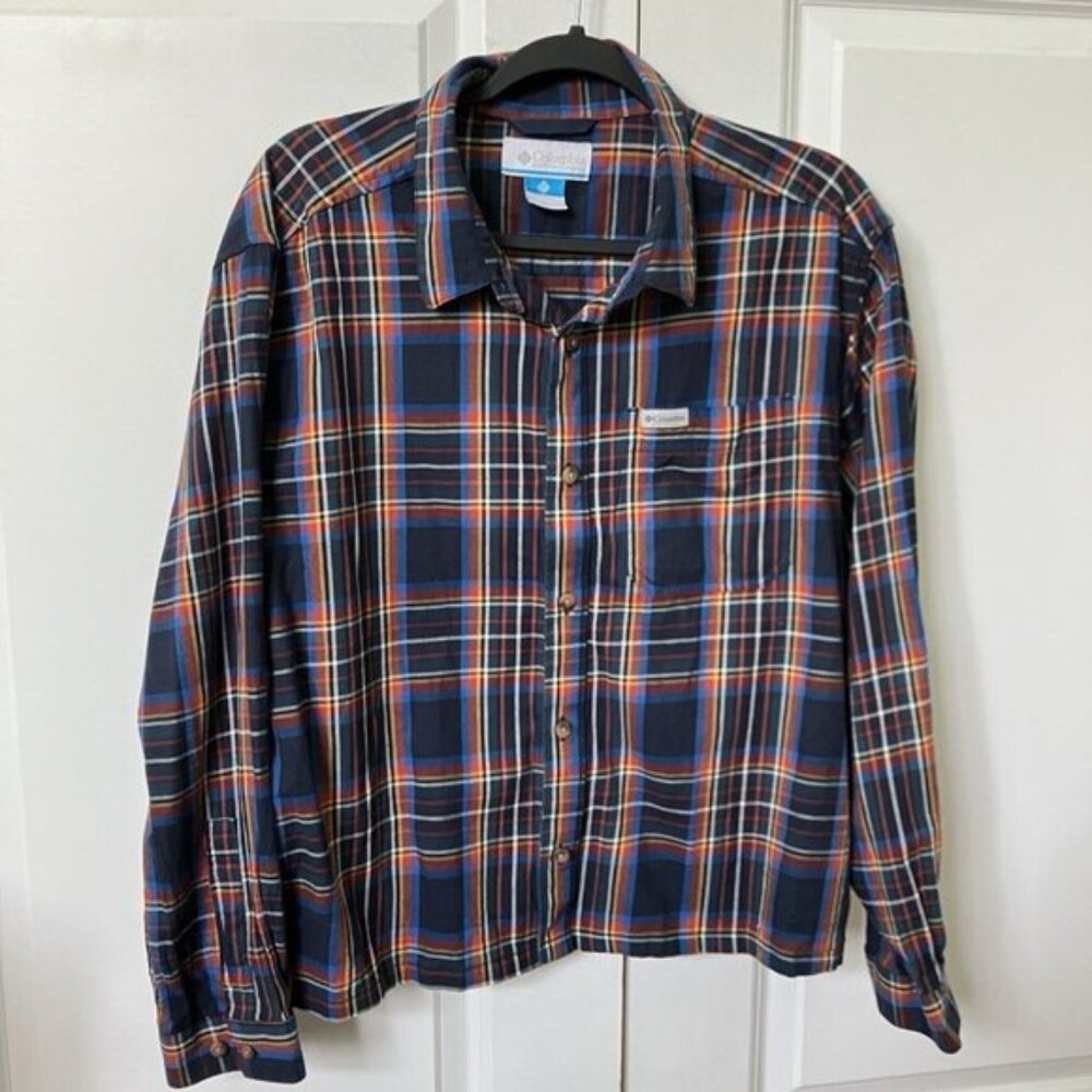 Columbia Plaid Cropped Shirt Womens L Blue Outdoor Western Button Up